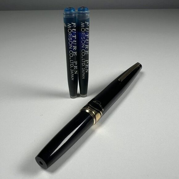 Vintage Morison Black with Gold Ballpoint Pen W/ Blue Ink Cartridges Japan NOS - Picture 1 of 5